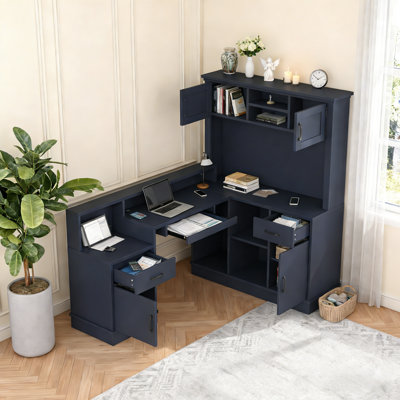 66.5" Farmhouse Desk With Hutch, L-shape Wood Executive Desk With Keyboard Tray And Open Storage, 2 Storage Cabinet by Inbox Zero
