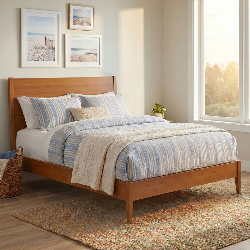 Solid Bamboo Platform Bed Frame With Headboard, No Box Spring Needed, Queen, Walnut