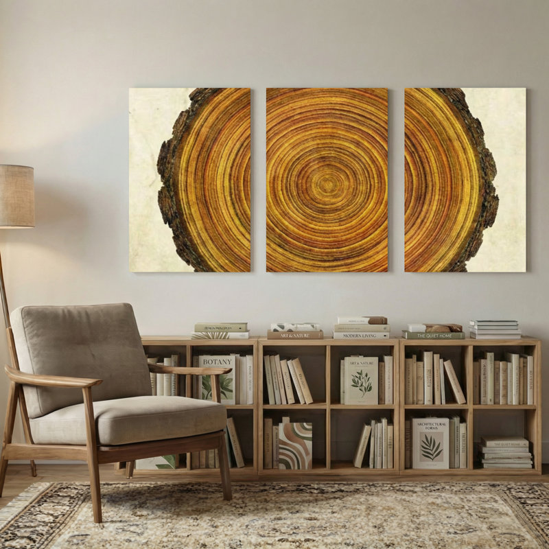 Plantes et fleurs, ensemble d'anneaux d'arbre en bois sur toile, ensemble de 3 impressions sur toile, H 30 po x l 60 po