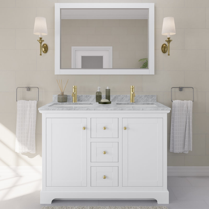 Ensemble de meuble-lavabo double 48 po Avery, Blanc, Or brossé