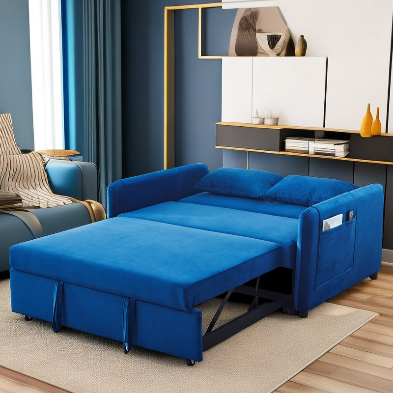 Causeuse-lit en velours avec lit escamotable Rubinder, Velours bleu marine