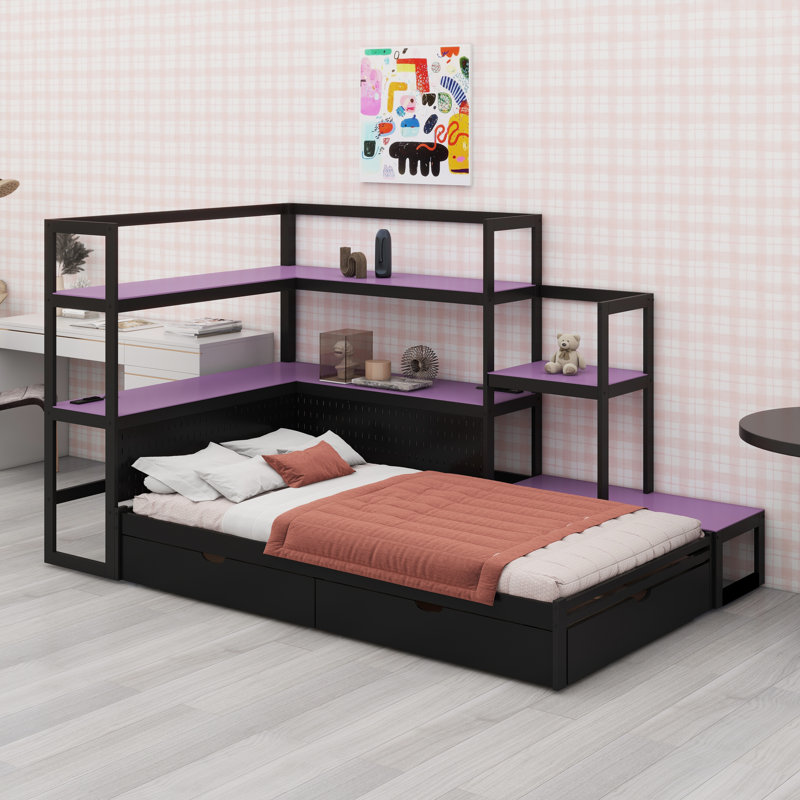 Cadre de lit multifonctionnel avec bureau, lumières DEL et station de charge latérale pour les joueurs, Noir et mauve