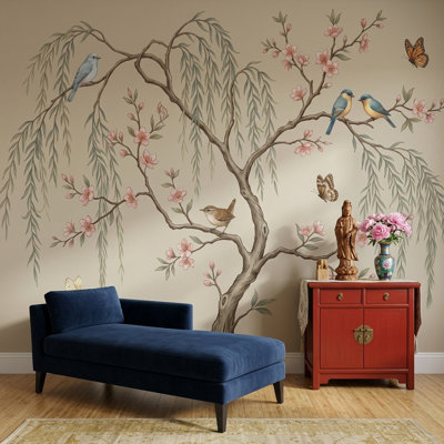Pink Cherry Wallpaper Golden Birds Removable Wall Decor