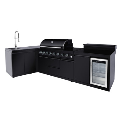 6 99000 Barre de cuisine extérieure pour îlot de barbecue avec évier, armoire de rangement à trois portes, comptoir, trois armoires, fabrication en acier inoxydable 304, conception modulaire, noir, américain