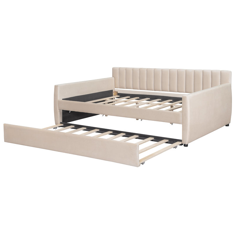 Lit de jour double avec lit gigogne et support en lattes de bois, beige, confortable pour les membres de la famille