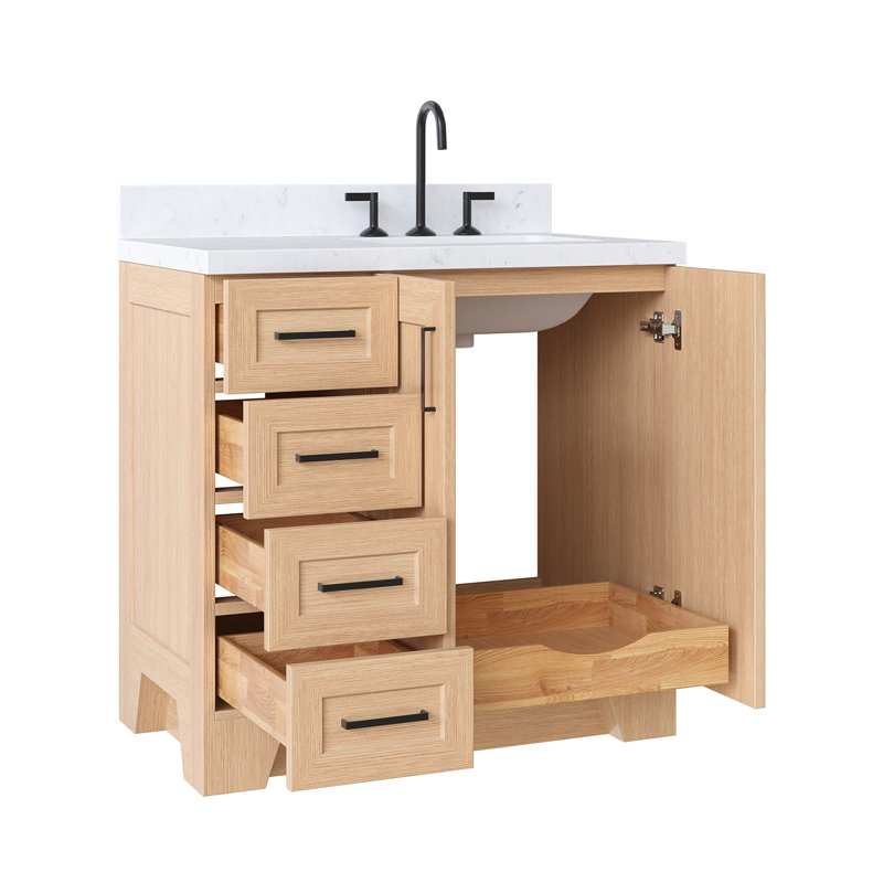 Freitas 36'' Solid Wood Single Bathroom Vanity in Midnight Blue with 1.5'' Carrara White Quartz Top, Right Offset, Rectangle Sink