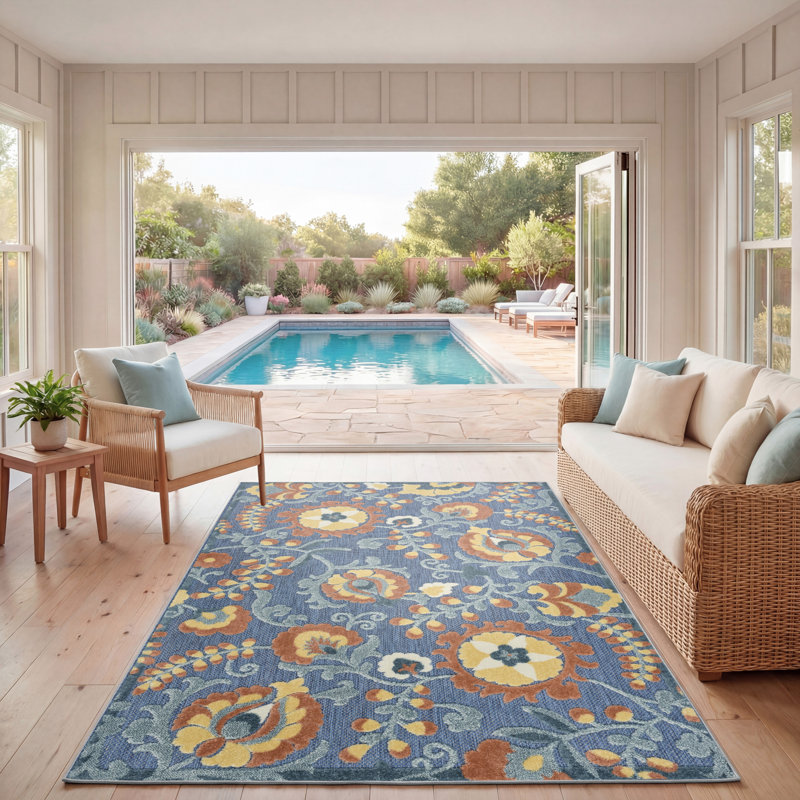 Gregori Blue Rose Farmhouse Rug, Rectangle 3'6" x 5'6"