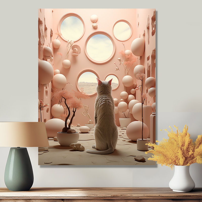 Chat blanc, intérieur futuriste rose, chat, art mural, salon, H 20 po x l 12 po x P 1 po, Métal métal