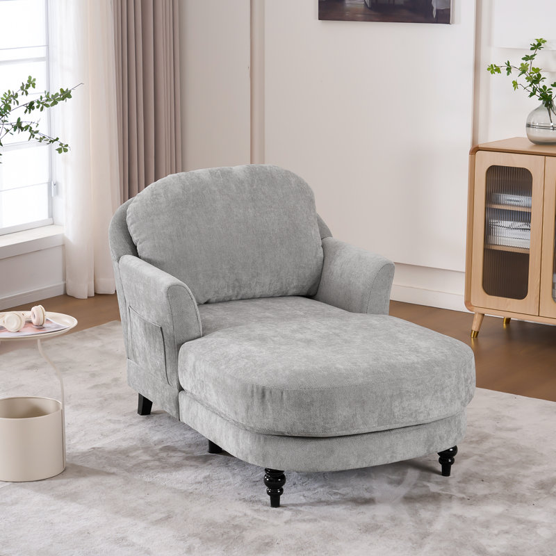 Upholstered Chaise Lounge, Comfy Linen Single Sofa Chair, Living Room Bedroom Rest Chair, Light Gray