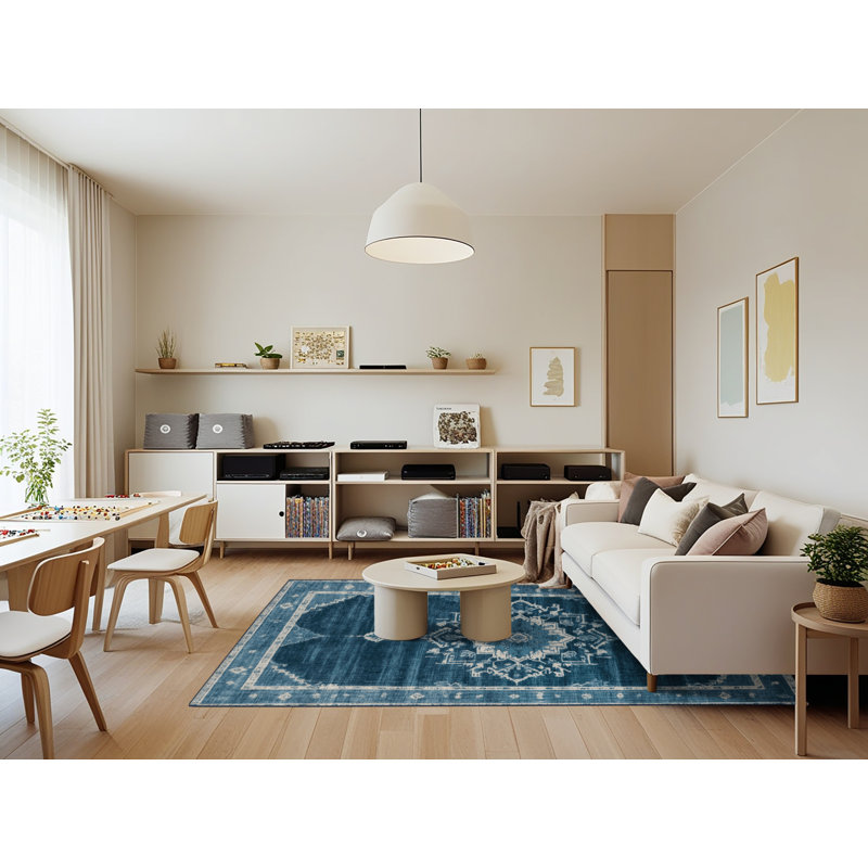 Machine Washable Overdyed Blue Area Rug, Rectangle 7' x 9'