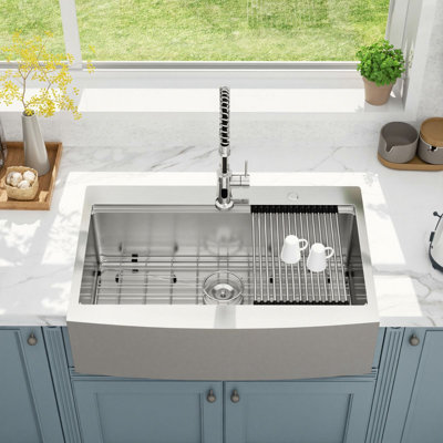 33"L x 22"W Farmhouse Workstation Kitchen Sink 16 Gauge Stainless Steel Kitchen Sink Apron Front Sink