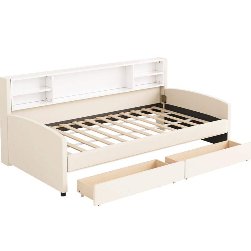 Lit simple rembourré en velours beige avec rangement supplémentaire et roulettes -, revêtement de tiroir pratique, tête de lit confortable, spacieux pour la literie d'articles personnels,