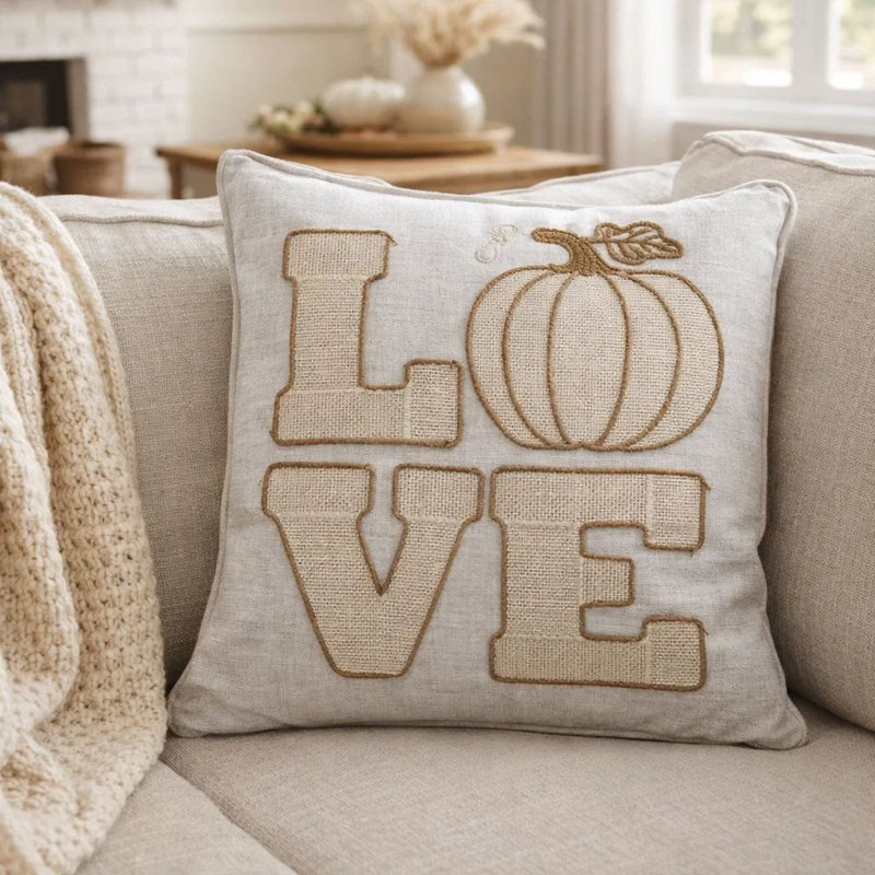 Coussin décoratif, broderie de lin beige Love Pumpkin, carré de 20 pouces