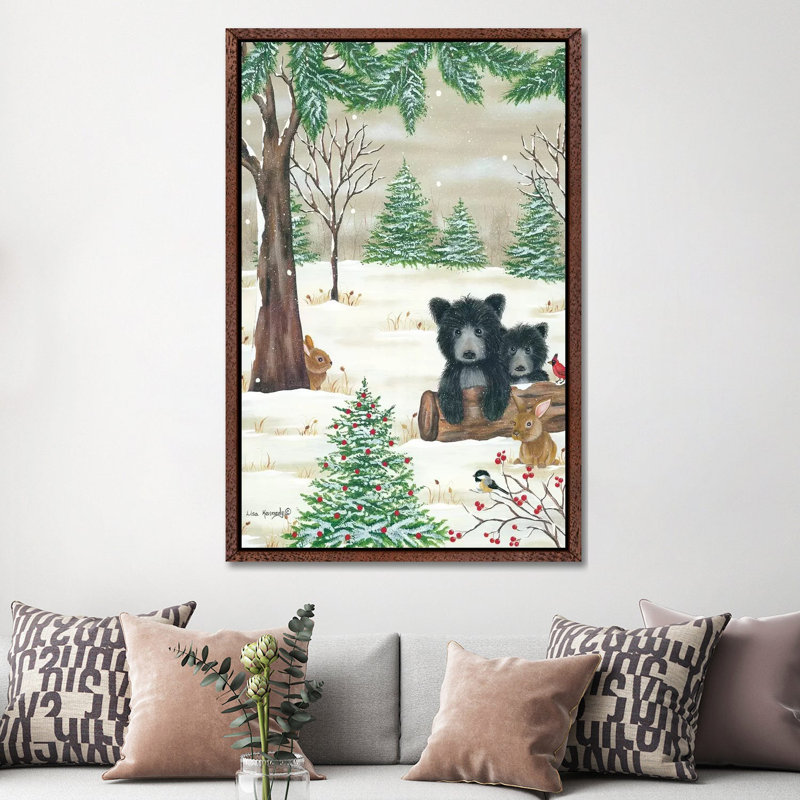 Bears And Bunnies by Lisa Kennedy - Painting on Canvas, 152.4cm H x 101.6cm W x 3.81cm D, Classic Brown Wood Floater Framed