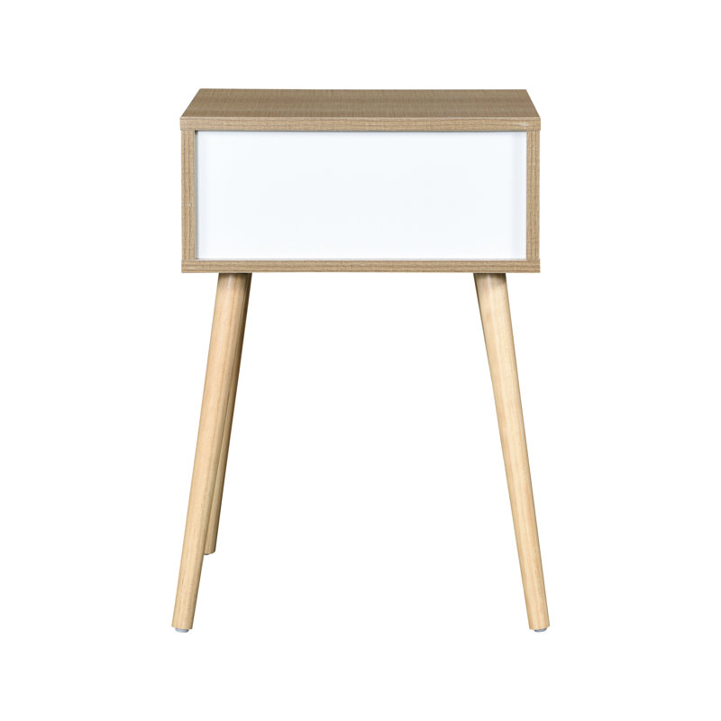 Table d'appoint blanche avec tiroir et pieds en bois d'hévéa, rangement de chambre à coucher de style moderne Mid-Century, finition en bois massif, étapes d'assemblage faciles 1 meuble de couleur, abondant