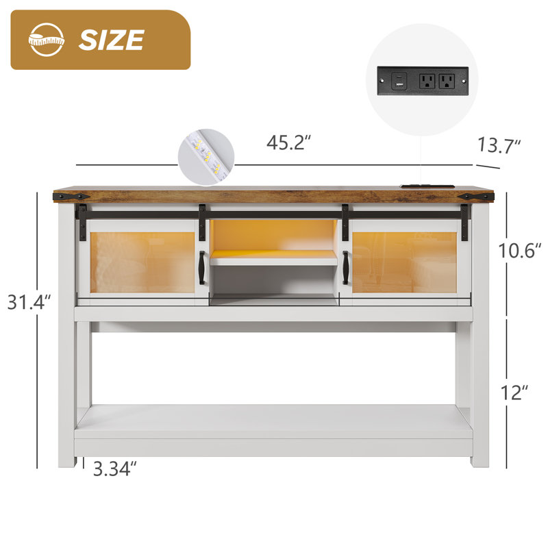 Farmhouse Coffee Bar With Storage,  Sofa Table With Sliding Barn Door White Coffee Buffet Cabinet With Charger Station, Console Table With Bottom Open Shelf, For Living Room