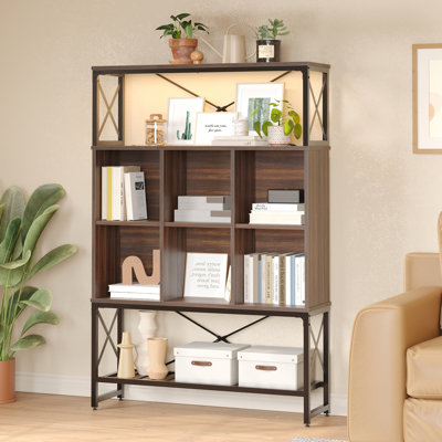 Fortney 43" W Bookshelf with LED Light, Industrial Bookcase with 6 Cubes and 3 Open Storage Shelves