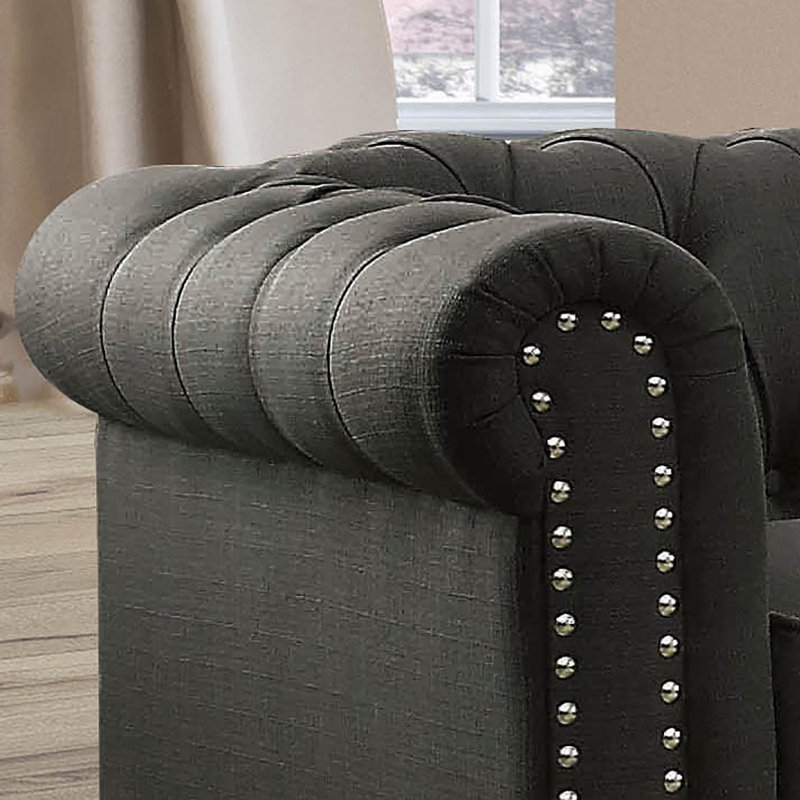 Causeuse Chesterfield à accoudoirs roulés 60 po Cathirine, Polyester gris