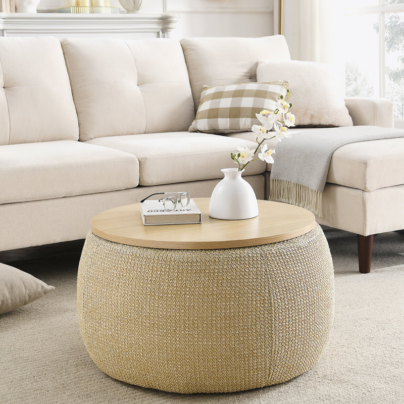Round Storage Ottoman, 2 in 1 Function, Work as End table and Ottoman, Natural