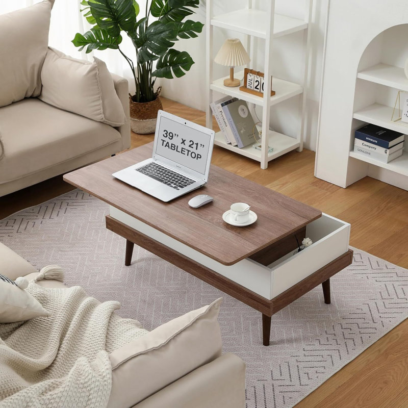Table basse relevable, table basse relevable, bureau relevable, plateau de table escamotable, bureau de salon moderne avec rangement, à manger, dépliable, réglable, surélevé, relevable, blanc, bois brun