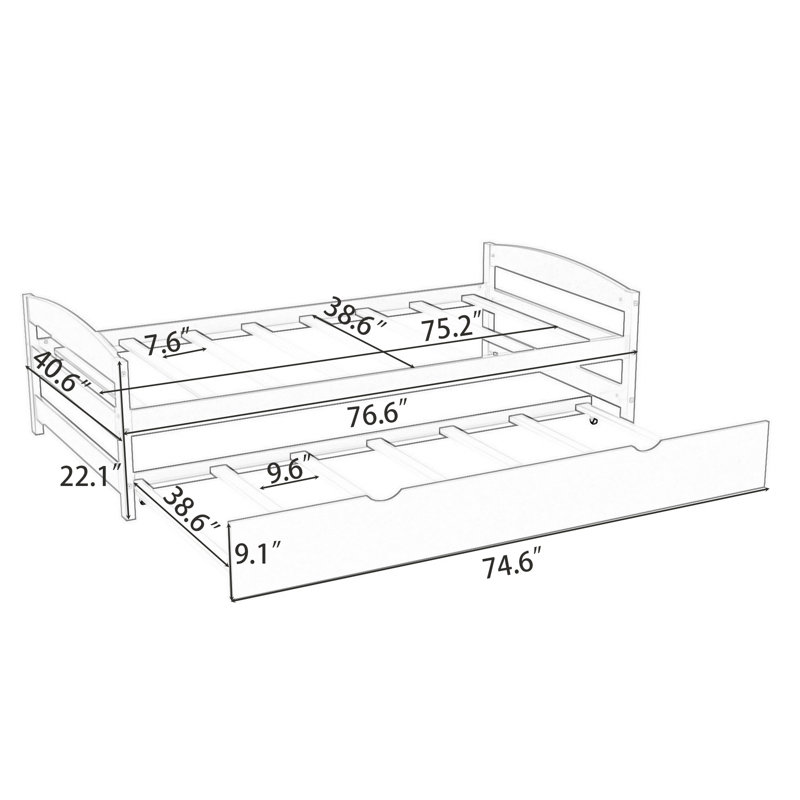 Lit plateforme en bois avec lit gigogne simple Teigan, gris
