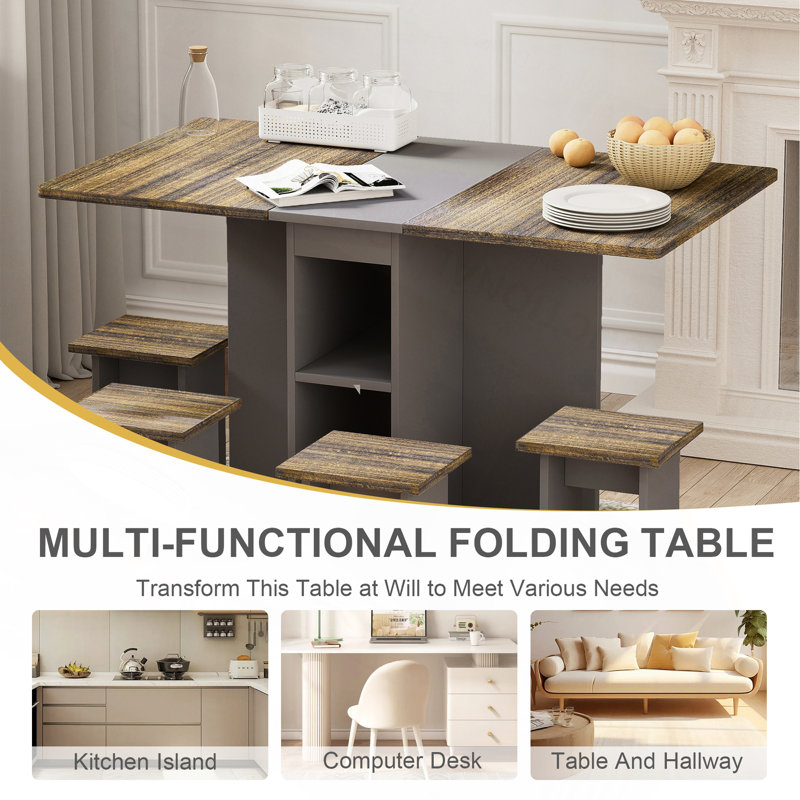 5 Pieces Folding Extendable Dining Table Set With 4 Chairs For 4 Peoples, 55'' Drop Leaf Wood Kitchen Dining Room Table Set With Storage And 6 Wheels For Small Space Saving, Brown