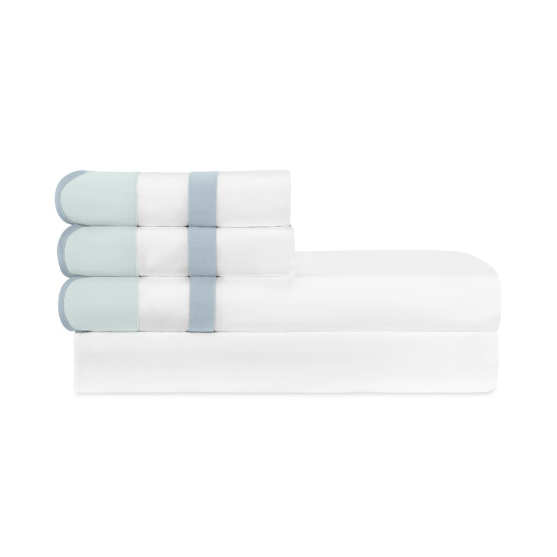 Portofino Sateen Sheet Set, Cal.King Sheet Set + 2 Pillowcases, White/Eucalipto/Sion Blue