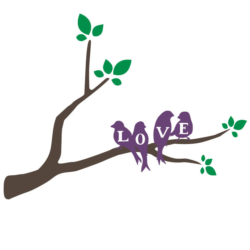 Décalcomanie murale « love oiseaux », H 26 po x l 33 po x P 0,01 po, Brun / Mauve