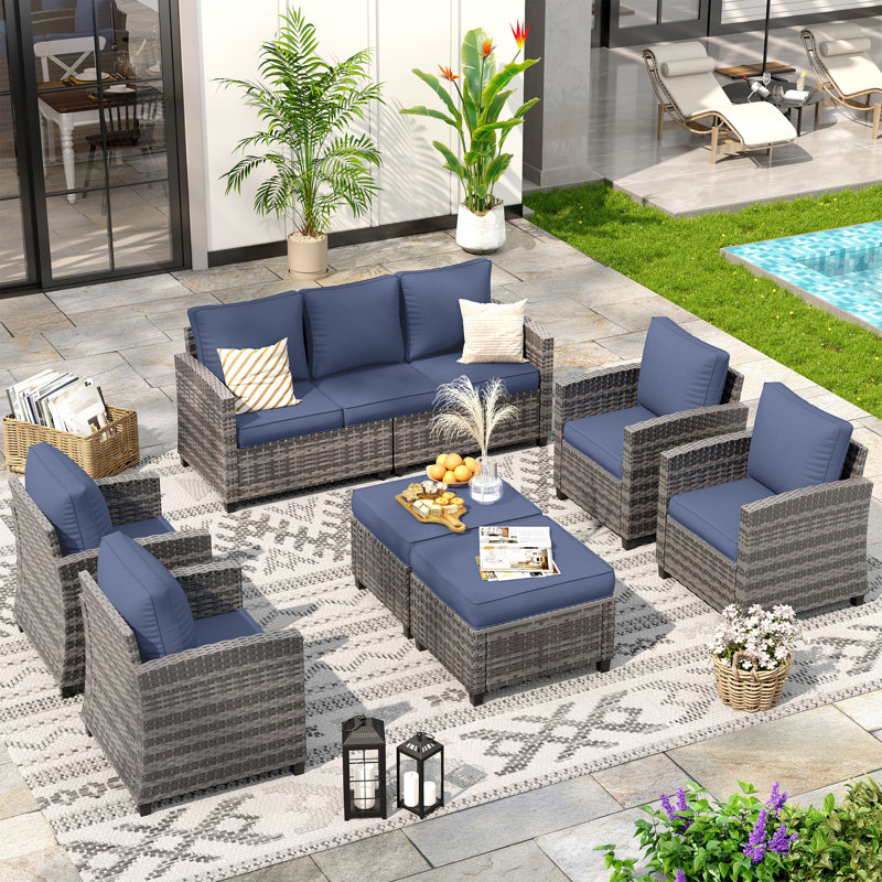 7-Person Outdoor Seating Group With Cushion, Navy, Gray