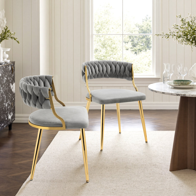 Christal 2 Piece Tufted Velvet Curved Weaved Back with Metal Legs Side Dining Chair Set, Gray