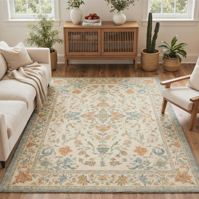 Floral Machine Washable Beige/Orange/Teal Indoor Area Rug With Non-Slip Backing , Rectangle 8' x 10'