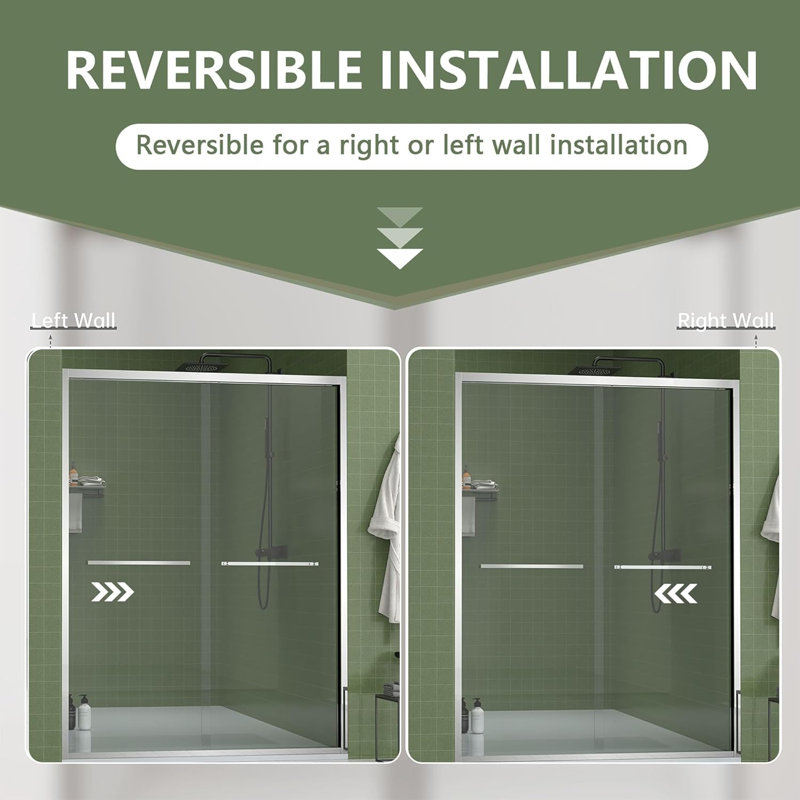 Double Sliding Shower Door 56-60" W X 70" H, Semi-frameless Glass Shower With 5/16" (8mm) Clear Sgcc Tempered Glass, Bathroom Doors Bypass Shower, Shower Glass Door With Towel Bar, Chrome Finished
