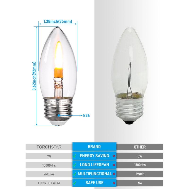 Ampoules B11 à culot E26, ampoules DEL clignotantes de 1 W, 2 modes, bougies pour lustre, homologué UL, jaune chaud 1800 K