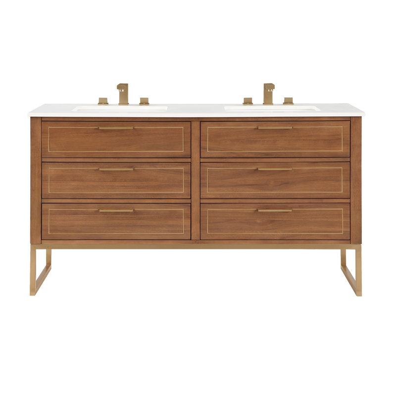Ensemble de meuble-lavabo double 60 po Markham, Noyer, Quartz blanc, Laiton satiné