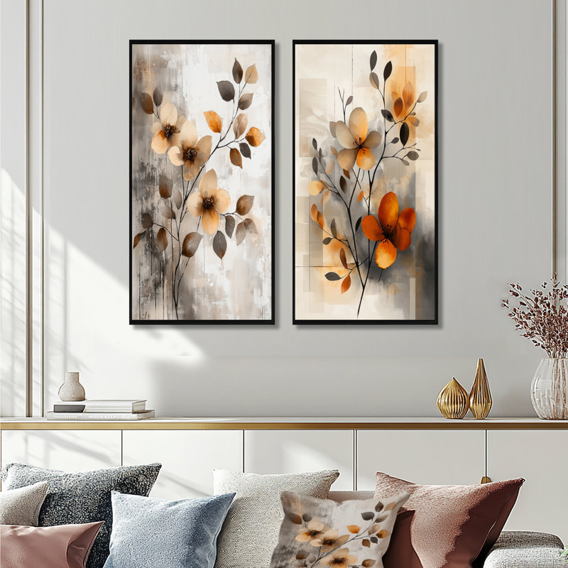 Ensemble d'impressions botaniques orange, beige et botanique III I - fleurs de cerisier, H 32 po x l 32 po