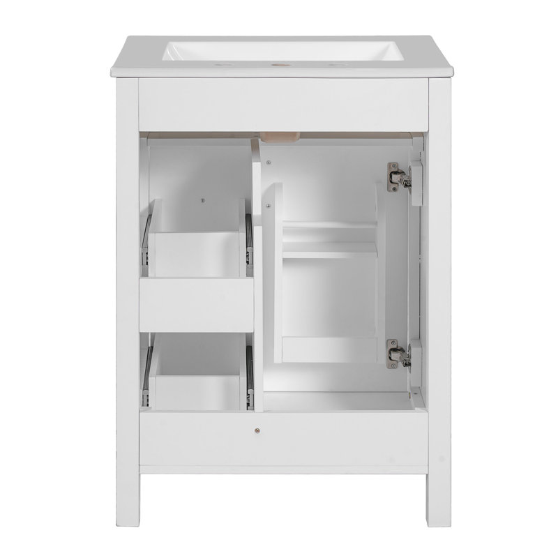 24-Inch Bathroom Vanity With Ceramic Sink, 1 Soft Close Door, 2 Soft Close Drawers, And Double Storage Racks On The Door