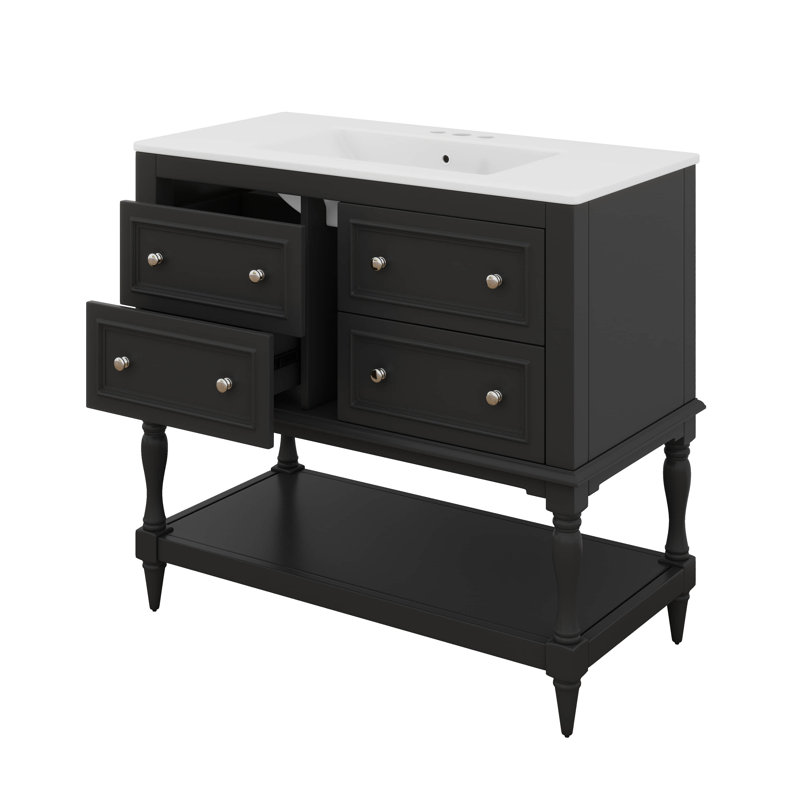 Meuble-lavabo autoportant 36 po avec 4 tiroirs et tablette ouverte 36 po, Noir