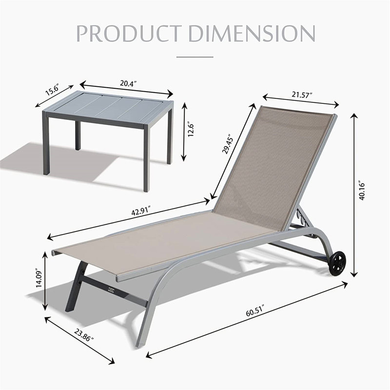5 chaises longues de terrasse réglables (kaki) - Roues, pour terrasse, patio, plage 3 kaki d'extérieur 5 positions, séchage rapide