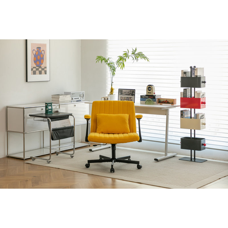 Chaise de bureau jaune avec accoudoirs croisés en lin jaune avec roulettes - ergonomique pour le bureau personnel, le travail et les études