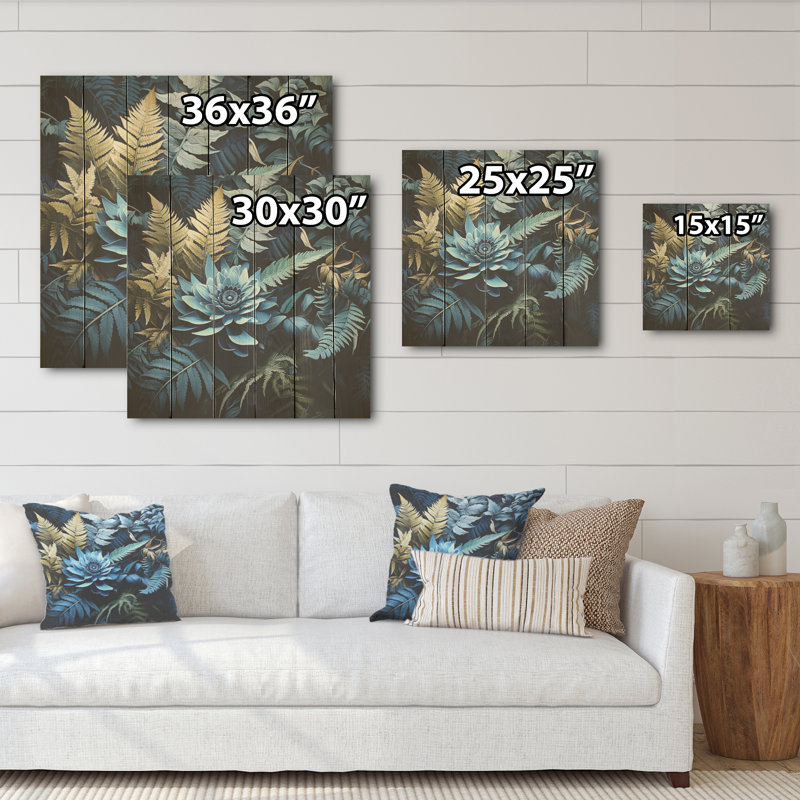 Fougères bleues Verdant Elegance I - Fougères, art mural sur bois de pin naturel, H 15 po x l 15 po