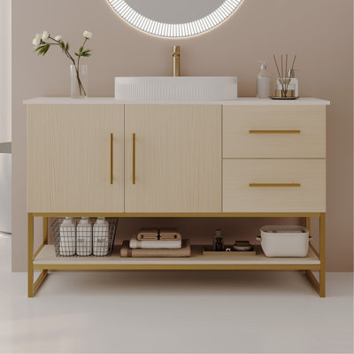 Meuble-lavabo moderne de 36 po avec lavabo vasque en céramique, meuble autoportant d'appoint doré