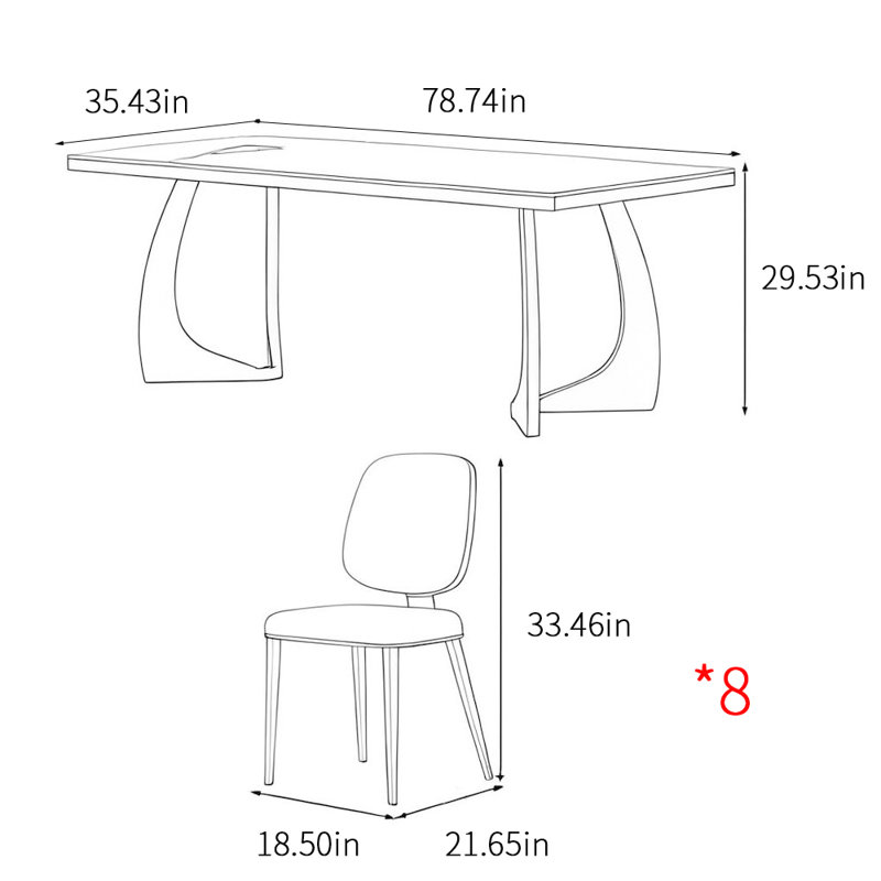 Italian style minimalist rectangular table sets, 29.53"H x 78.74"L x 35.43"W
