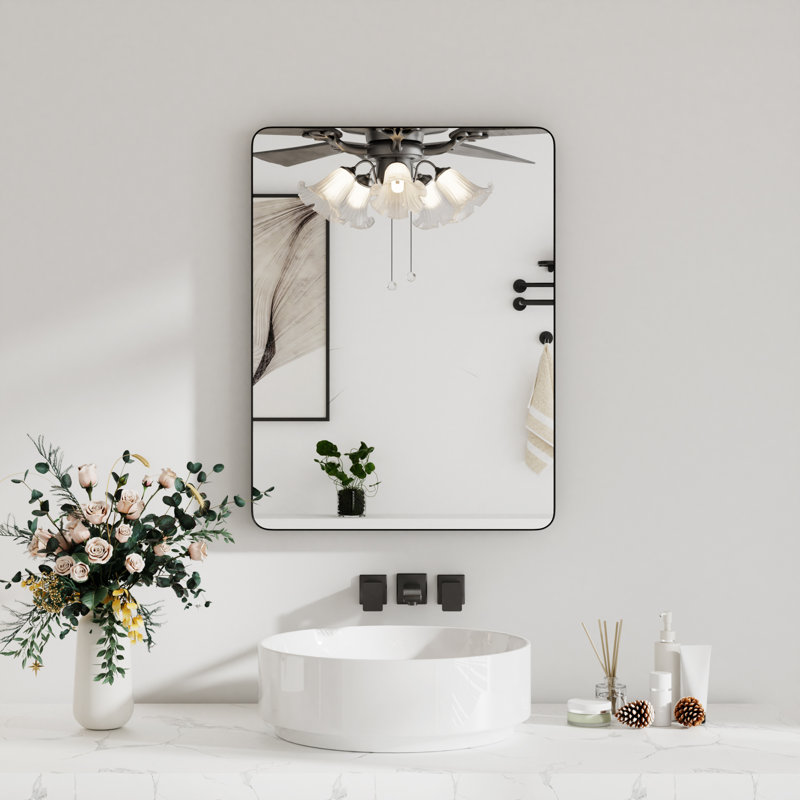 Bathroom Mirror with Tempered Glass and Aluminum Alloy Frame, French Cleat Mounted Rectangle Vanity Wall Mirror for Over Sink, Hangs Horizontally or Vertically.