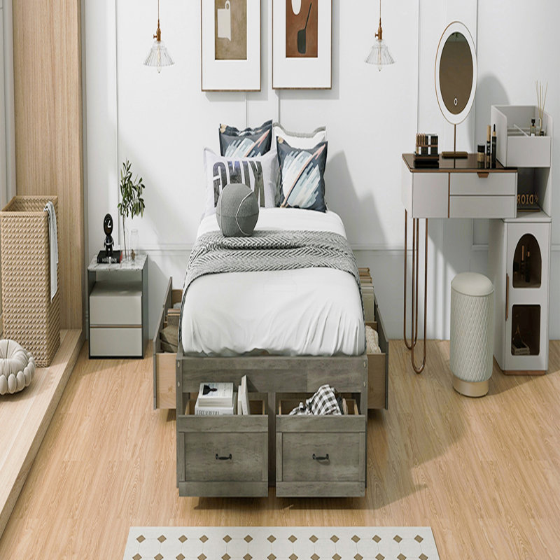 Lit plateforme double avec 6 tiroirs de rangement, Gris, Double
