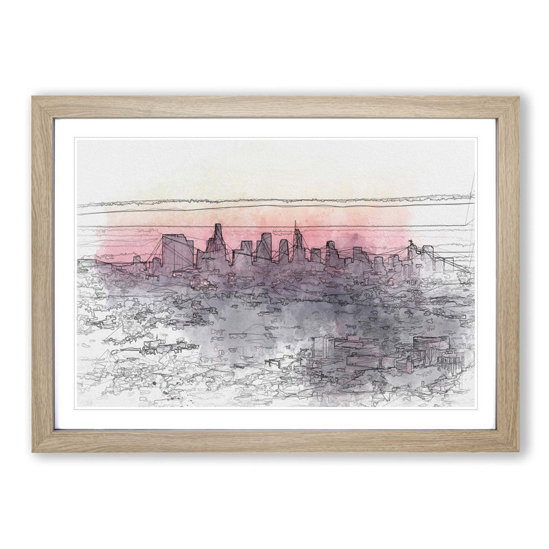 Los Angeles Skyline in the Morning in Abstract - Picture Frame Graphic Art Print, 60cm H x 91cm W x 2cm D, Oak