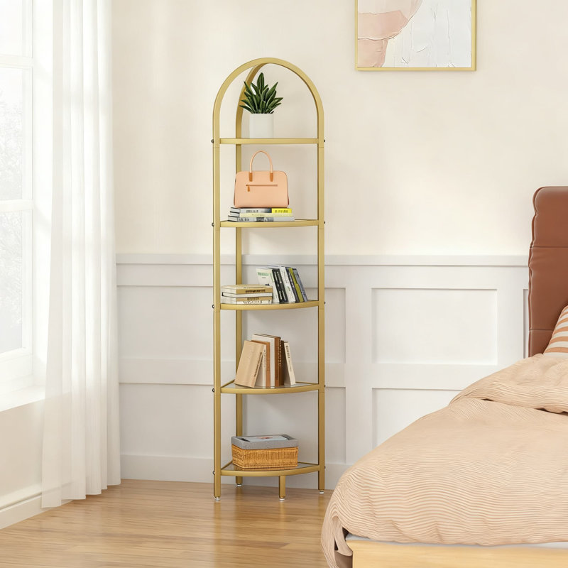 5-Tier Corner Shelf With Tempered Glass, Modern Metal Storage Rack For Bathroom, Books, And Plants, Space-Saving Design, Gold