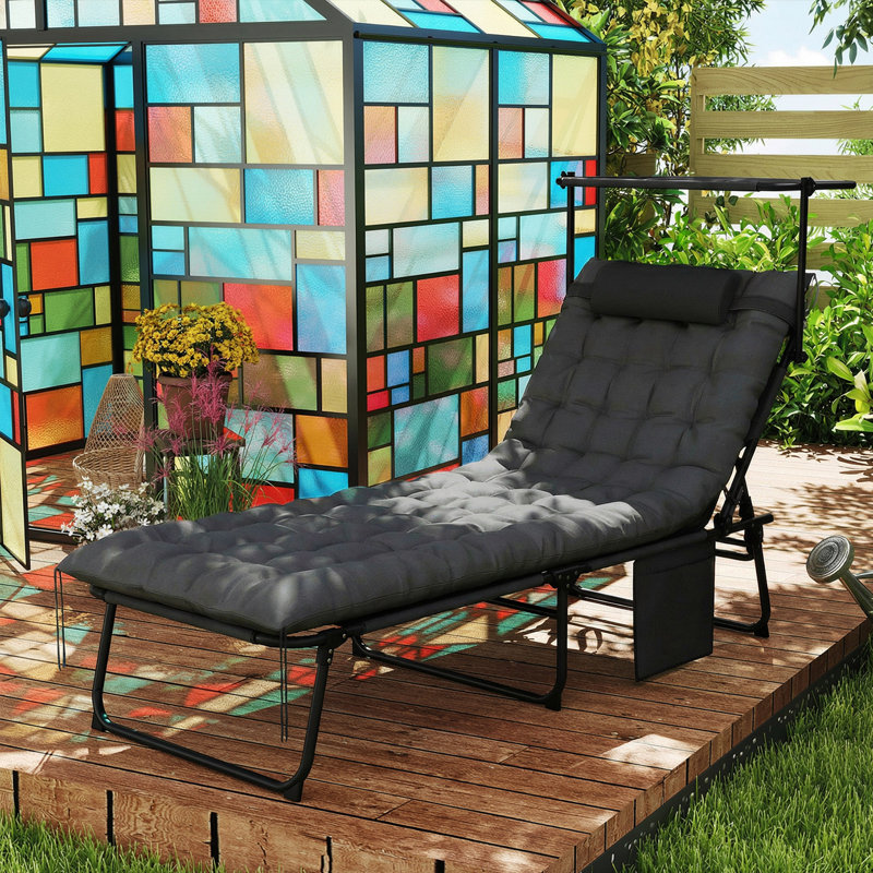 Chaise de bronzage pliante, chaise longue avec auvent, gris foncé