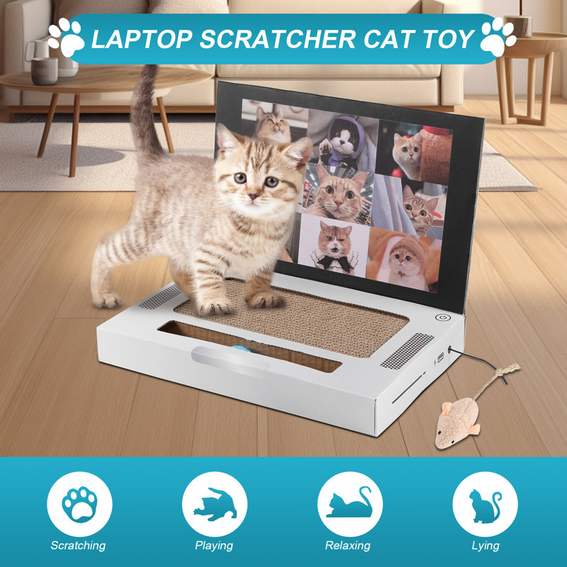 Kopinma laptop scratcher cat toy laptop with fluffy mouse interactive toys cat enrichment toys for indoor cat kitten cardboard cat scratch pads cat interactive toy to relieve boredom