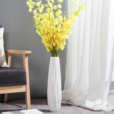 Vase de plancher en céramique blanc moderne pour la décoration de la maison et du bureau, grand vase à fleurs sur pied avec glacis lustré et conception en ligne Origami, parfait pour le salon, la chambre à coucher, et plus encore