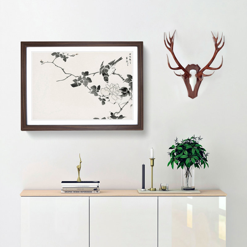 Robin Birds & White Lotus by Numata Kashu - Picture Frame Painting Print, 50cm H x 76cm W x 2cm D, Walnut